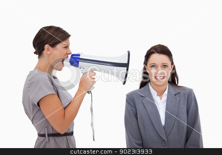 To use this stock image in your creative project, please select the size you need over to the right and click the "Add to Cart" button.
Your downloaded image will come with the Cutcaster watermark removed so don’t worry about the watermark you see on this page. Businesswoman using megaphone to yell at colleague stock photo, Businesswoman using megaphone to yell at colleague against a white background by Wavebreak Media