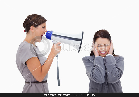 To use this stock image in your creative project, please select the size you need over to the right and click the "Add to Cart" button.
Your downloaded image will come with the Cutcaster watermark removed so don’t worry about the watermark you see on this page. Businesswoman yelling at colleague with megaphone stock photo, Businesswoman yelling at colleague with megaphone against a white background by Wavebreak Media