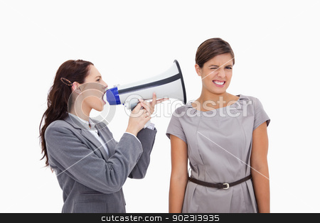 To use this stock image in your creative project, please select the size you need over to the right and click the "Add to Cart" button.
Your downloaded image will come with the Cutcaster watermark removed so don’t worry about the watermark you see on this page. Businesswoman with megaphone yelling at colleague stock photo, Businesswoman with megaphone yelling at colleague against a white background by Wavebreak Media