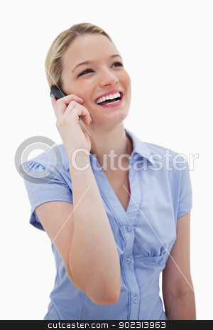 To use this stock image in your creative project, please select the size you need over to the right and click the "Add to Cart" button.
Your downloaded image will come with the Cutcaster watermark removed so don’t worry about the watermark you see on this page. Laughing woman on the phone stock photo, Laughing woman on the phone against a white background by Wavebreak Media