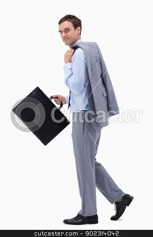 To use this stock image in your creative project, please select the size you need over to the right and click the "Add to Cart" button.
Your downloaded image will come with the Cutcaster watermark removed so don’t worry about the watermark you see on this page. Side view of walking businessman with suitcase stock photo, Side view of walking businessman with suitcase against a white background by Wavebreak Media