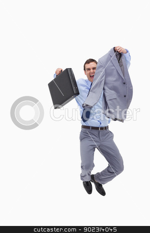 To use this stock image in your creative project, please select the size you need over to the right and click the "Add to Cart" button.
Your downloaded image will come with the Cutcaster watermark removed so don’t worry about the watermark you see on this page. Happy businessman jumping stock photo, Happy businessman jumping against a white background by Wavebreak Media