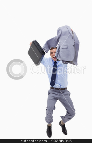 To use this stock image in your creative project, please select the size you need over to the right and click the "Add to Cart" button.
Your downloaded image will come with the Cutcaster watermark removed so don’t worry about the watermark you see on this page. Happy businessman with suitcase jumping stock photo, Happy businessman with suitcase jumping against a white background by Wavebreak Media