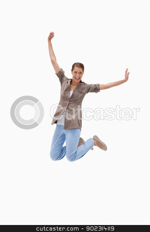 To use this stock image in your creative project, please select the size you need over to the right and click the "Add to Cart" button.
Your downloaded image will come with the Cutcaster watermark removed so don’t worry about the watermark you see on this page. Cheerful woman jumping stock photo, Cheerful woman jumping against a white background by Wavebreak Media