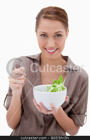 To use this stock image in your creative project, please select the size you need over to the right and click the "Add to Cart" button.
Your downloaded image will come with the Cutcaster watermark removed so don’t worry about the watermark you see on this page. Woman with bowl of salad stock photo, Woman with bowl of salad against a white background by Wavebreak Media