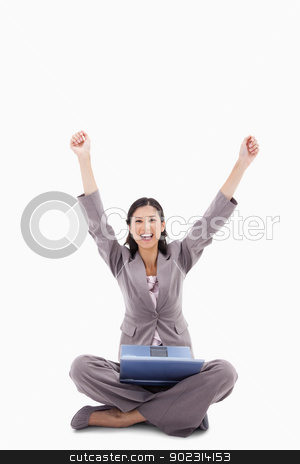 To use this stock image in your creative project, please select the size you need over to the right and click the "Add to Cart" button.
Your downloaded image will come with the Cutcaster watermark removed so don’t worry about the watermark you see on this page. Happy woman with raised arms and laptop stock photo, Happy woman with raised arms and laptop against a white background by Wavebreak Media