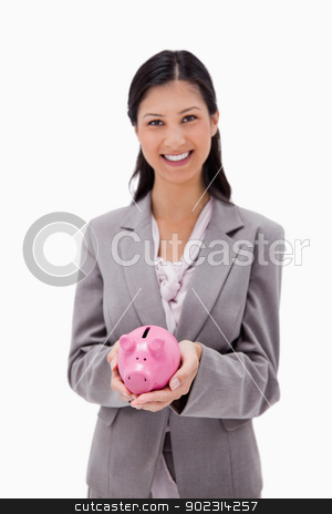 To use this stock image in your creative project, please select the size you need over to the right and click the "Add to Cart" button.
Your downloaded image will come with the Cutcaster watermark removed so don’t worry about the watermark you see on this page. Smiling businesswoman with piggy bank stock photo, Smiling businesswoman with piggy bank against a white background by Wavebreak Media