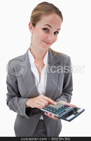 To use this stock image in your creative project, please select the size you need over to the right and click the "Add to Cart" button.
Your downloaded image will come with the Cutcaster watermark removed so don’t worry about the watermark you see on this page. Bank employee with pocket calculator stock photo, Bank employee with pocket calculator against a white background by Wavebreak Media