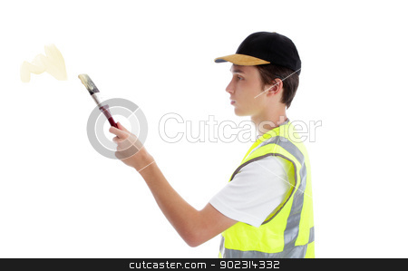 To use this stock image in your creative project, please select the size you need over to the right and click the "Add to Cart" button.
Your downloaded image will come with the Cutcaster watermark removed so don’t worry about the watermark you see on this page. Painter handyman applying paint stock photo, A young apprentice handyman painter applying some paint. White background. by Leah-Anne Thompson