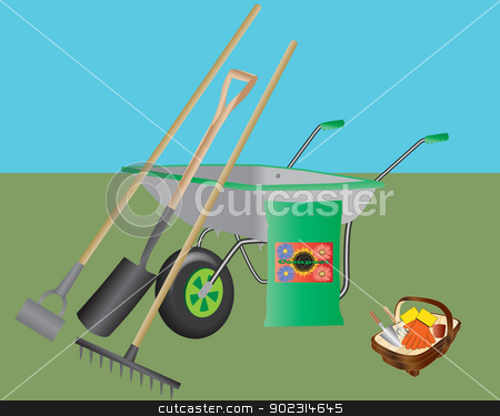 To use this stock image in your creative project, please select the size you need over to the right and click the "Add to Cart" button.
Your downloaded image will come with the Cutcaster watermark removed so don’t worry about the watermark you see on this page. Gardening Tools stock vector clipart, A Wheelbarrow,Hoe,Spade,Rake,Compost and a Basket with Hand Tools and Gloves by d40xboy