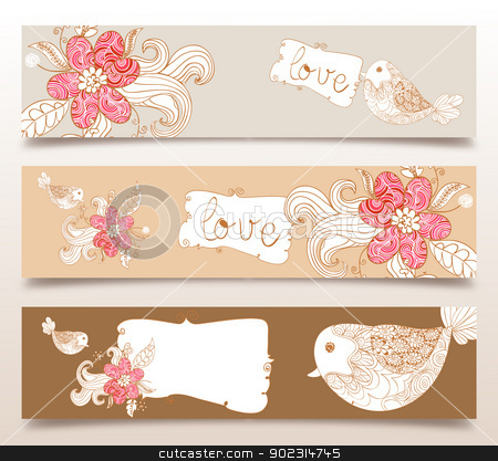 To use this stock image in your creative project, please select the size you need over to the right and click the "Add to Cart" button.
Your downloaded image will come with the Cutcaster watermark removed so don’t worry about the watermark you see on this page. Valentine love birds and blossom banners stock vector clipart, Valentine day love birds and spring flowers banners set background. Vector illustration layered for easy manipulation and custom coloring. by Cienpies Design