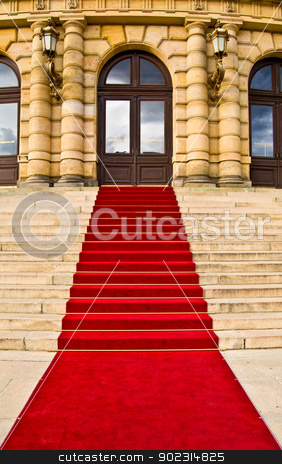 To use this stock image in your creative project, please select the size you need over to the right and click the "Add to Cart" button.
Your downloaded image will come with the Cutcaster watermark removed so don’t worry about the watermark you see on this page. Red carpet stock photo, red carpet leading up the stairs by Juliane Jacobs