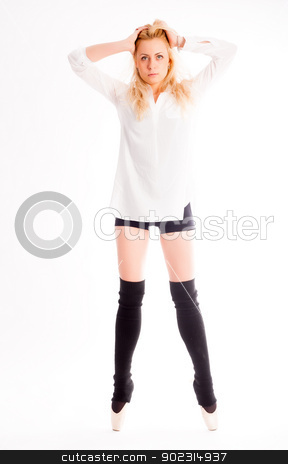 To use this stock image in your creative project, please select the size you need over to the right and click the "Add to Cart" button.
Your downloaded image will come with the Cutcaster watermark removed so don’t worry about the watermark you see on this page. young beautiful dancer stock photo, beautiful caucasian tall woman ballet dancer full length on studio white background by Aikon