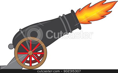 To use this stock image in your creative project, please select the size you need over to the right and click the "Add to Cart" button.
Your downloaded image will come with the Cutcaster watermark removed so don’t worry about the watermark you see on this page. Cannon stock vector clipart, A black cannon attached to a wheeled carriage, belches fire from it's muzzle. by Maria Bell