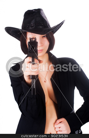 To use this stock image in your creative project, please select the size you need over to the right and click the "Add to Cart" button.
Your downloaded image will come with the Cutcaster watermark removed so don’t worry about the watermark you see on this page. Pretty sexy girl aiming to you stock photo, Young attractive woman with automatic gun. Focus on gun. Isolated on white by Aikon