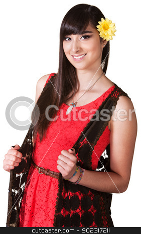 To use this stock image in your creative project, please select the size you need over to the right and click the "Add to Cart" button.
Your downloaded image will come with the Cutcaster watermark removed so don’t worry about the watermark you see on this page. Smiling Woman in Red Dress stock photo, Gorgeous Hispanic female with flower in hair by Scott Griessel