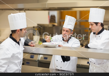 To use this stock image in your creative project, please select the size you need over to the right and click the "Add to Cart" button.
Your downloaded image will come with the Cutcaster watermark removed so don’t worry about the watermark you see on this page. Head chef showing others how to garnish plate stock photo, Head chef showing others how to garnish plate at order line by Wavebreak Media