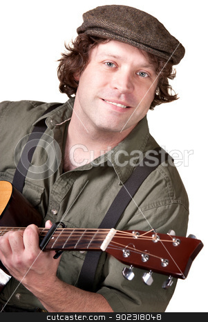 To use this stock image in your creative project, please select the size you need over to the right and click the "Add to Cart" button.
Your downloaded image will come with the Cutcaster watermark removed so don’t worry about the watermark you see on this page. Smiling Guitar Player stock photo, Smiling Caucasian male with guitar over white background by Scott Griessel
