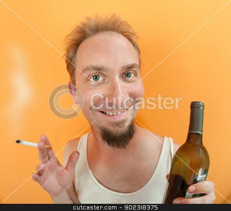 To use this stock image in your creative project, please select the size you need over to the right and click the "Add to Cart" button.
Your downloaded image will come with the Cutcaster watermark removed so don’t worry about the watermark you see on this page. Man with alcohol and cigarette stock photo, Caucasian man holding a cigarette and a alcohol bottle with a big smile by Scott Griessel