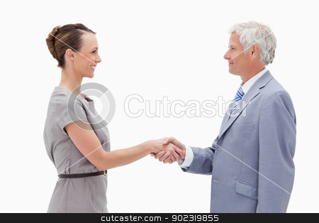 To use this stock image in your creative project, please select the size you need over to the right and click the "Add to Cart" button.
Your downloaded image will come with the Cutcaster watermark removed so don’t worry about the watermark you see on this page. Close-up of a white hair man face to face and shaking hands with stock photo, Close-up of a white hair man face to face and shaking hands with a woman against white background by Wavebreak Media