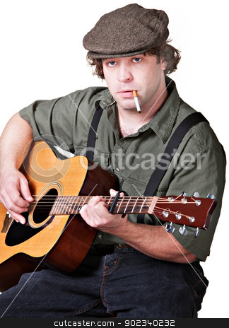 To use this stock image in your creative project, please select the size you need over to the right and click the "Add to Cart" button.
Your downloaded image will come with the Cutcaster watermark removed so don’t worry about the watermark you see on this page. Smoking Guitar Player stock photo, Serious guitarist with cigarette over white background by Scott Griessel