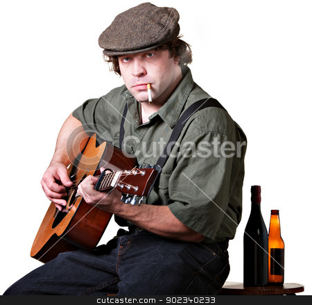 To use this stock image in your creative project, please select the size you need over to the right and click the "Add to Cart" button.
Your downloaded image will come with the Cutcaster watermark removed so don’t worry about the watermark you see on this page. Serious Guitarist with Alcohol stock photo, Guitar player with cigarette and bottles of beer by Scott Griessel