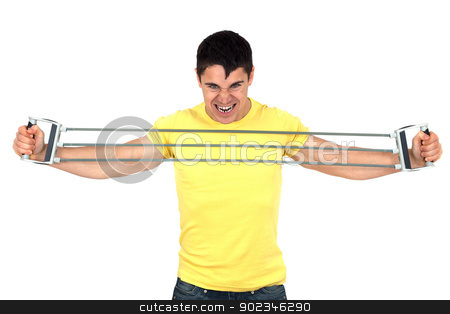 To use this stock image in your creative project, please select the size you need over to the right and click the "Add to Cart" button.
Your downloaded image will come with the Cutcaster watermark removed so don’t worry about the watermark you see on this page. Man doing fitness stock photo, Young athletic man exercising and doing fitness with a chest expander(resistance band ).Isolated on white background
by borojoint