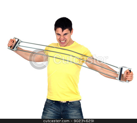 To use this stock image in your creative project, please select the size you need over to the right and click the "Add to Cart" button.
Your downloaded image will come with the Cutcaster watermark removed so don’t worry about the watermark you see on this page. Man doing fitness stock photo, Young athletic man exercising and doing fitness with a chest expander(resistance band ).Isolated on white background
by borojoint