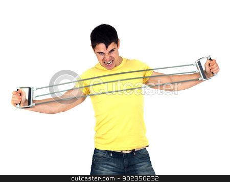 To use this stock image in your creative project, please select the size you need over to the right and click the "Add to Cart" button.
Your downloaded image will come with the Cutcaster watermark removed so don’t worry about the watermark you see on this page. Man doing fitness stock photo, Young athletic man exercising and doing fitness with a chest expander(resistance band ).Isolated on white background
by borojoint