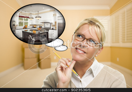 To use this stock image in your creative project, please select the size you need over to the right and click the "Add to Cart" button.
Your downloaded image will come with the Cutcaster watermark removed so don’t worry about the watermark you see on this page. Woman in Empty Room with Thought Bubble of a New Kitchen Design stock photo, Attractive Woman in Empty Room with Thought Bubble of a New Kitchen Design. by Andy Dean