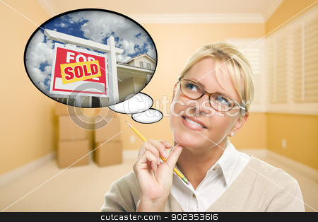 To use this stock image in your creative project, please select the size you need over to the right and click the "Add to Cart" button.
Your downloaded image will come with the Cutcaster watermark removed so don’t worry about the watermark you see on this page. Woman in Empty Room with Thought Bubble of Sold Real Estate Sign stock photo, Attractive Woman in Empty Room with Thought Bubble of a Sold For Sale Real Estate Sign in Front of House. by Andy Dean