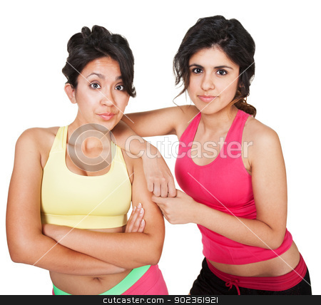 To use this stock image in your creative project, please select the size you need over to the right and click the "Add to Cart" button.
Your downloaded image will come with the Cutcaster watermark removed so don’t worry about the watermark you see on this page. Confident Women Athletes stock photo, Confident fit young Hispanic friends together on isolated background by Scott Griessel