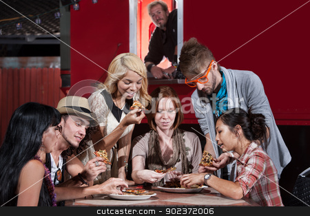 To use this stock image in your creative project, please select the size you need over to the right and click the "Add to Cart" button.
Your downloaded image will come with the Cutcaster watermark removed so don’t worry about the watermark you see on this page. Food Truck Diners stock photo, Mixed group of hipsters with pizza at food truck by Scott Griessel