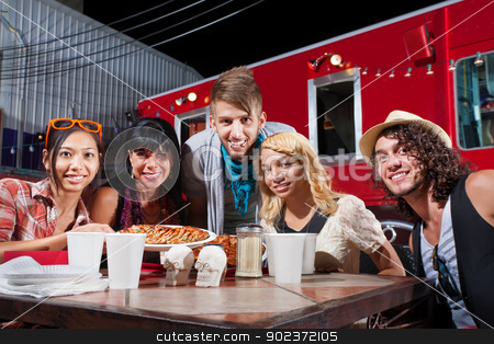 To use this stock image in your creative project, please select the size you need over to the right and click the "Add to Cart" button.
Your downloaded image will come with the Cutcaster watermark removed so don’t worry about the watermark you see on this page. Friends Smiling Near Food Truck stock photo, Group of five adults smiling at table near mobile cafe by Scott Griessel