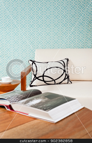 To use this stock image in your creative project, please select the size you need over to the right and click the "Add to Cart" button.
Your downloaded image will come with the Cutcaster watermark removed so don’t worry about the watermark you see on this page. Bright white furniture in a living room stock photo, Bright white furniture in a living room with turquoise blue wallpaper by Ulrich Schade
