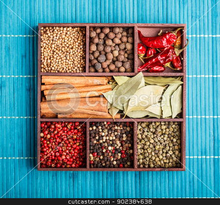 To use this stock image in your creative project, please select the size you need over to the right and click the "Add to Cart" button.
Your downloaded image will come with the Cutcaster watermark removed so don’t worry about the watermark you see on this page. Spices stock photo, Various spices in wooden box by Grafvision