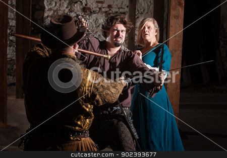 To use this stock image in your creative project, please select the size you need over to the right and click the "Add to Cart" button.
Your downloaded image will come with the Cutcaster watermark removed so don’t worry about the watermark you see on this page. Medieval Sword Fight stock photo, Tough swordsman dueling with attacker while protecting a lady by Scott Griessel