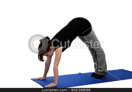 To use this stock image in your creative project, please select the size you need over to the right and click the "Add to Cart" button.
Your downloaded image will come with the Cutcaster watermark removed so don’t worry about the watermark you see on this page. young woman exercising yoga on blue mat stock photo, young woman exercising yoga on blue mat by Rob Stark