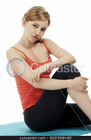 To use this stock image in your creative project, please select the size you need over to the right and click the "Add to Cart" button.
Your downloaded image will come with the Cutcaster watermark removed so don’t worry about the watermark you see on this page. young fitness woman making a pause sitting on a blue mat on white background stock photo, young fitness woman making a pause sitting on a blue mat on white background by Rob Stark