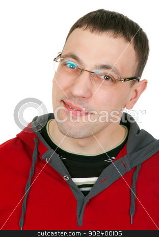 To use this stock image in your creative project, please select the size you need over to the right and click the "Add to Cart" button.
Your downloaded image will come with the Cutcaster watermark removed so don’t worry about the watermark you see on this page. Portrait of a guy with glasses in a red dress stock photo, Portrait of a guy with glasses in a red dress on white background by Ruslan Kudrin