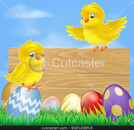 To use this stock image in your creative project, please select the size you need over to the right and click the "Add to Cart" button.
Your downloaded image will come with the Cutcaster watermark removed so don’t worry about the watermark you see on this page. Easter chicks and wooden sign stock vector clipart, An illustration of cute little yellow cartoon Easter chicks and wooden sign by Christos Georghiou