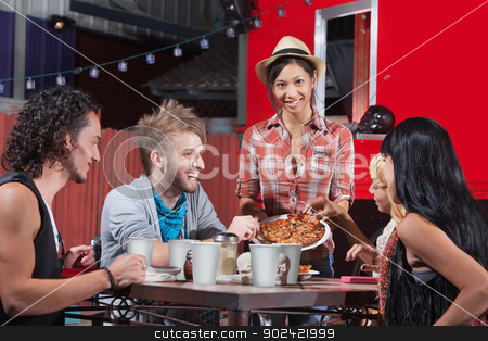 To use this stock image in your creative project, please select the size you need over to the right and click the "Add to Cart" button.
Your downloaded image will come with the Cutcaster watermark removed so don’t worry about the watermark you see on this page. Plate of Pizza with Friends stock photo, Five laughing friends sharing plate of pizza by Scott Griessel