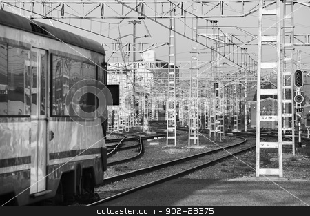 To use this stock image in your creative project, please select the size you need over to the right and click the "Add to Cart" button.
Your downloaded image will come with the Cutcaster watermark removed so don’t worry about the watermark you see on this page. Railway station stock photo, Railway station with electric system transmission systems black and white by ABBPhoto