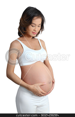 To use this stock image in your creative project, please select the size you need over to the right and click the "Add to Cart" button.
Your downloaded image will come with the Cutcaster watermark removed so don’t worry about the watermark you see on this page. isolate with path portrait of pregnant woman touching her belly stock photo, Pregnancy is the fertilization and development of one or more offspring, known as an embryo or fetus, in a woman's uterus. by Sailom