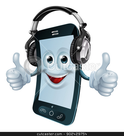 To use this stock image in your creative project, please select the size you need over to the right and click the "Add to Cart" button.
Your downloaded image will come with the Cutcaster watermark removed so don’t worry about the watermark you see on this page. Headphones cell phone stock vector clipart, A mobile phone cartoon man with dj headphones on giving the thumbs up. Concept for a music phone app or similar. by Christos Georghiou