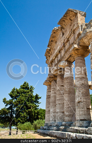 To use this stock image in your creative project, please select the size you need over to the right and click the "Add to Cart" button.
Your downloaded image will come with the Cutcaster watermark removed so don’t worry about the watermark you see on this page. Paestum temple - Italy stock photo, The main features of the site today are the standing remains of three major temples in Doric style, dating from the first half of the 6th century BC by Paolo Gallo