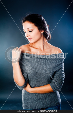 To use this stock image in your creative project, please select the size you need over to the right and click the "Add to Cart" button.
Your downloaded image will come with the Cutcaster watermark removed so don’t worry about the watermark you see on this page. Pretty woman stock photo, Portrait of beautiful young woman at black background by Aikon