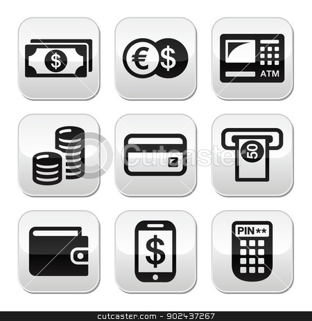 To use this stock image in your creative project, please select the size you need over to the right and click the "Add to Cart" button.
Your downloaded image will come with the Cutcaster watermark removed so don’t worry about the watermark you see on this page. Money, atm - cash mashine vector buttons set stock vector clipart, Finance grey square buttons - atm, coins, bank notes, credit card isolated on white by Agnieszka Murphy