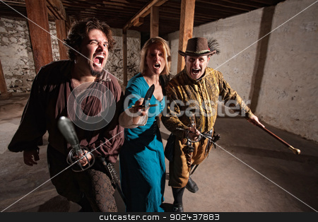 To use this stock image in your creative project, please select the size you need over to the right and click the "Add to Cart" button.
Your downloaded image will come with the Cutcaster watermark removed so don’t worry about the watermark you see on this page. Charging Sword Fighters stock photo, Trio of threatening medieval characters charging with swords by Scott Griessel