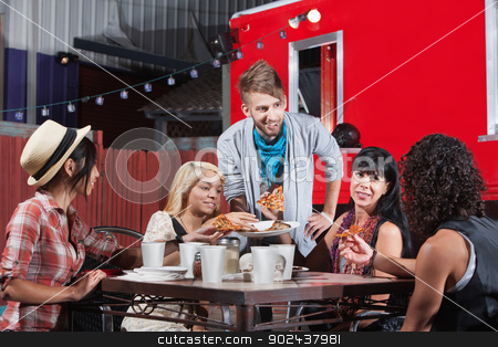 To use this stock image in your creative project, please select the size you need over to the right and click the "Add to Cart" button.
Your downloaded image will come with the Cutcaster watermark removed so don’t worry about the watermark you see on this page. Mixed Group Eating at Restaurant stock photo, Mixed group of friends talking and eating pizza by Scott Griessel